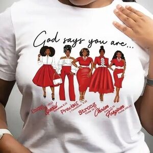“God Says You Are” Red & White Scripture Graphic Tee for Women
